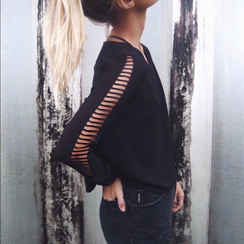 ASTR Ladder-Cutout Sleeves Blouse | PRICE FLEXIBLE